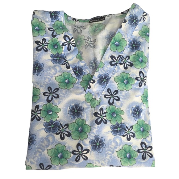 Absolute Workwear Blue Green Print Scrub Top Uniform Pockets Women's Medium - Picture 1 of 5